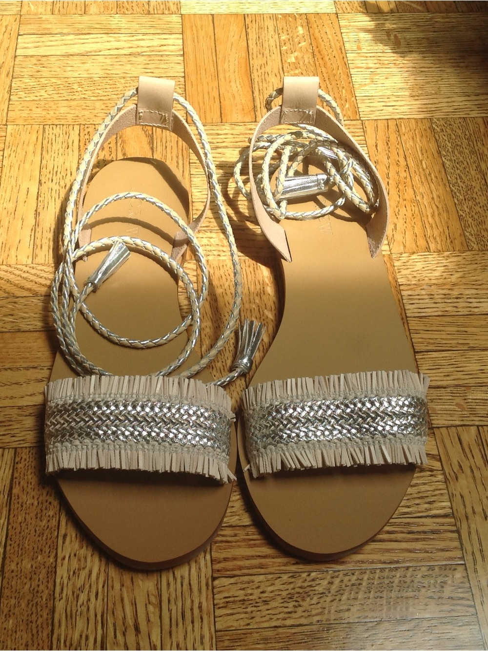 J. Crew Beige and Silver Braided Fringe Ankle-Tie Sandals